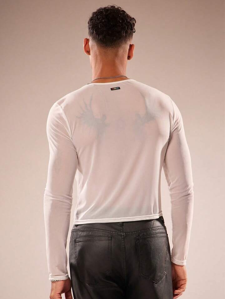 Men's Mesh Sheer Casual Asymmetrical Long Sleeve Round Neck T-Shirt